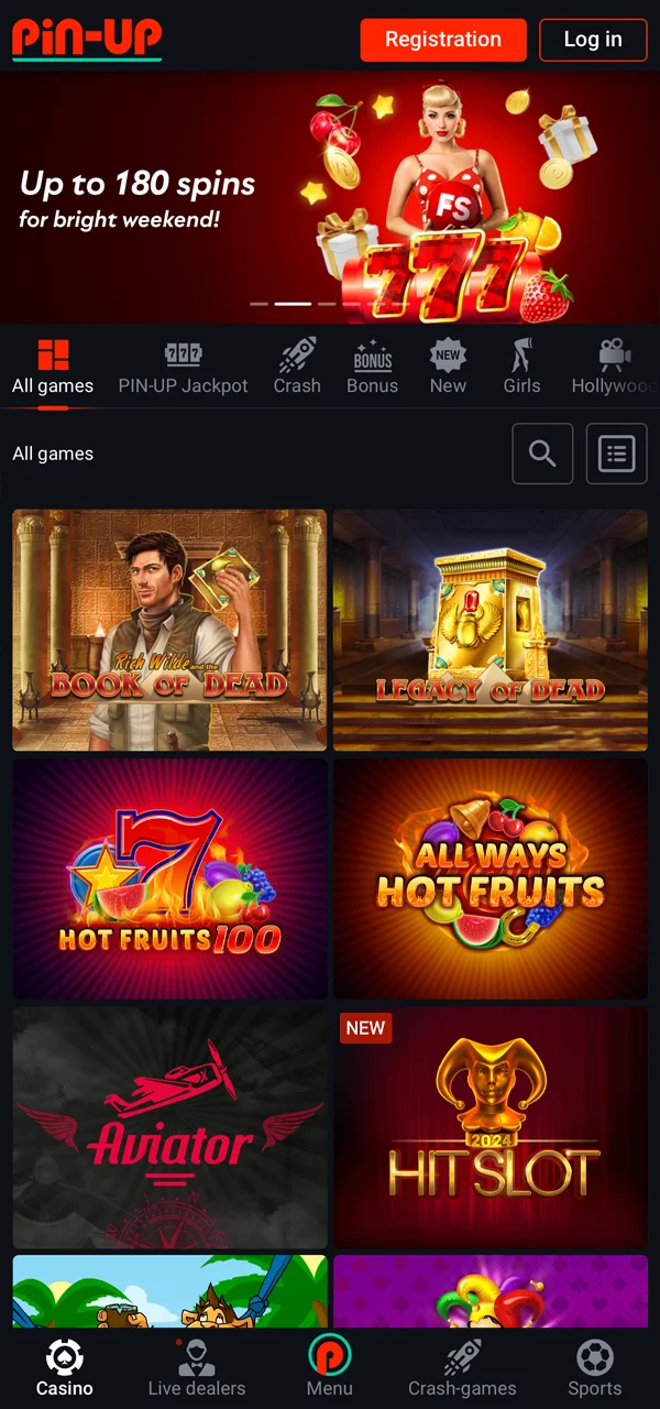 A diverse array of casino games is showcased on the Pin-Up app.